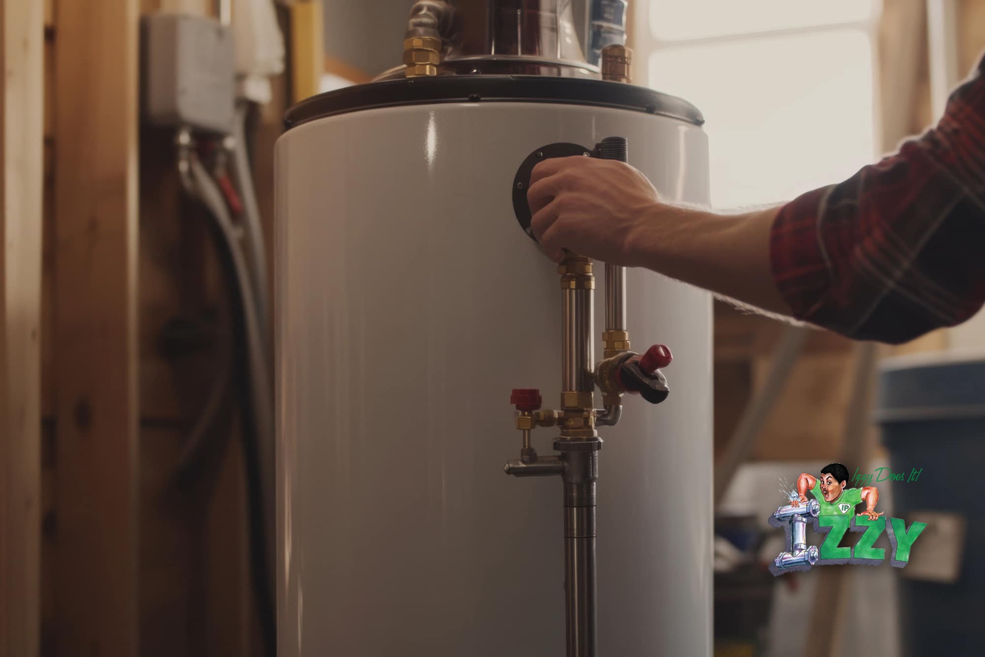 Adjusting water heater valve in utility room.