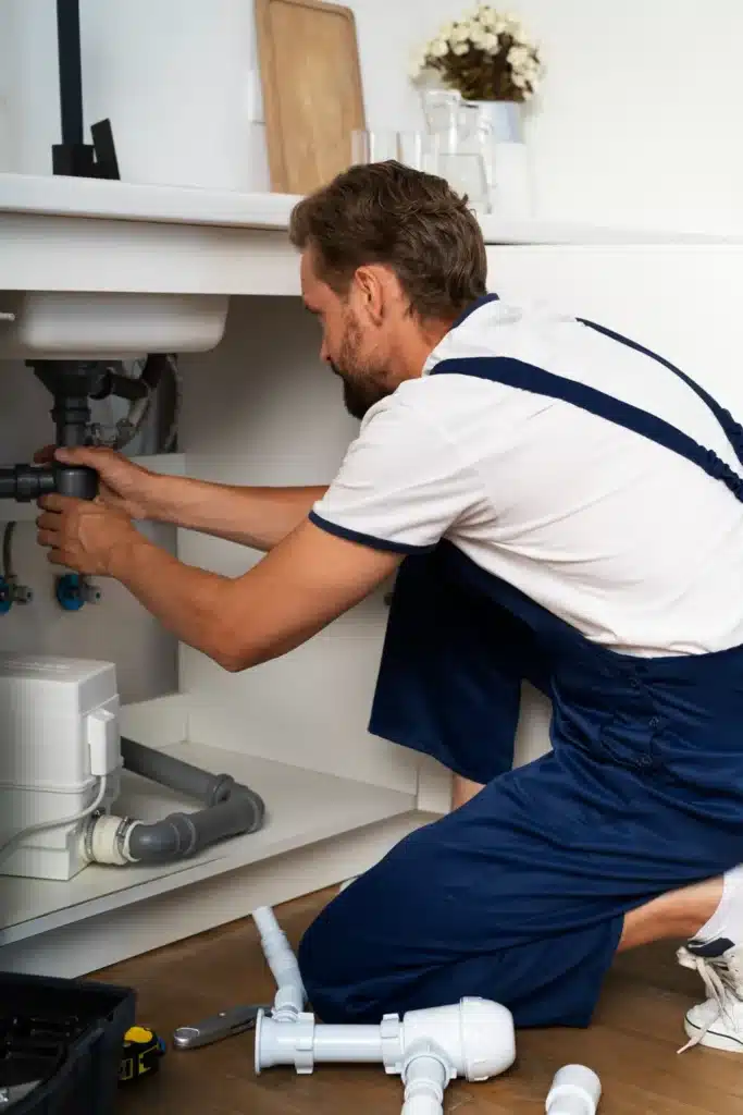 Man kneeling under a sink, working on plumbing installation, surrounded by P-trap components and tools, demonstrating DIY plumbing techniques for trap replacement.