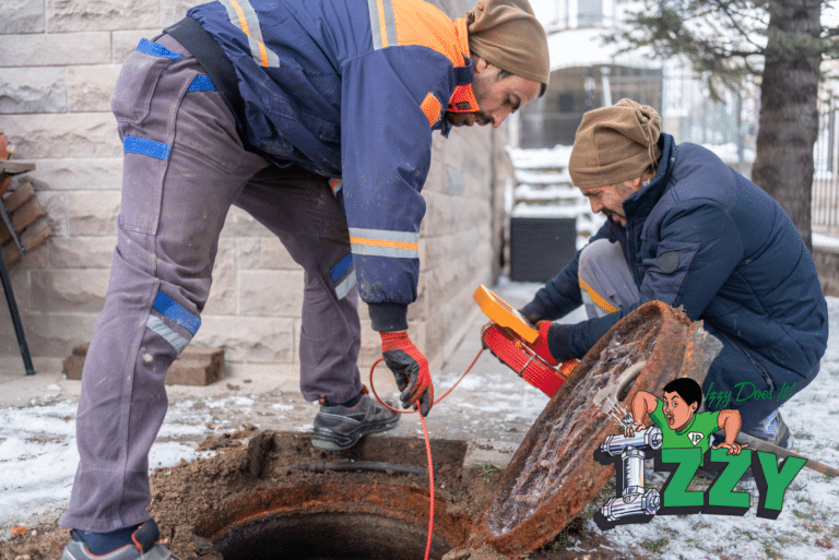 Plumbers inspecting a sewer line with a camera and tools, emphasizing sewer line inspection services by Izzy Plumbing.