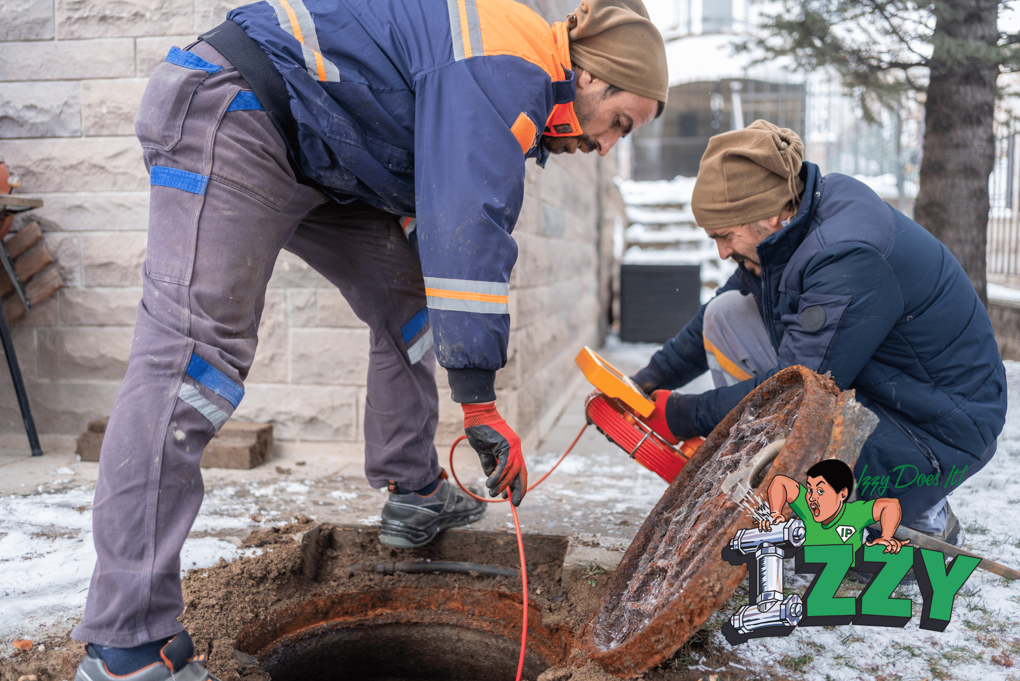 Two plumbers inspecting a sewer line, one using a cable camera and the other managing equipment, with a visible Izzy Plumbing logo, highlighting sewer line inspection services.